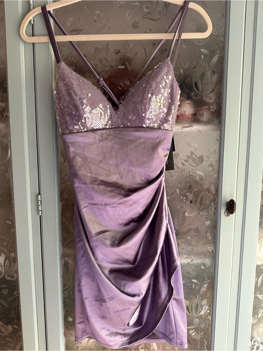 Lavender Sequin Satin Slip Dress - Women